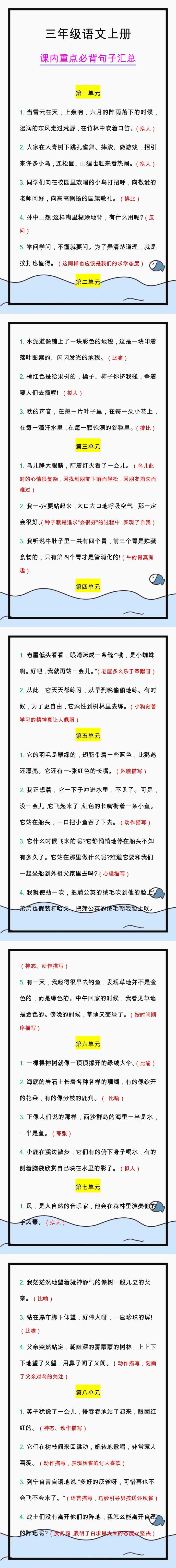三年级语文上册课内重点必背句子汇总