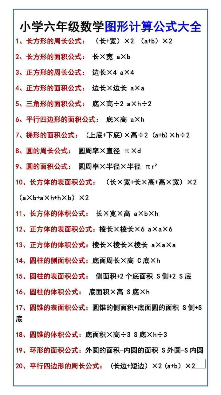 小学六年级数学图形计算公式大全