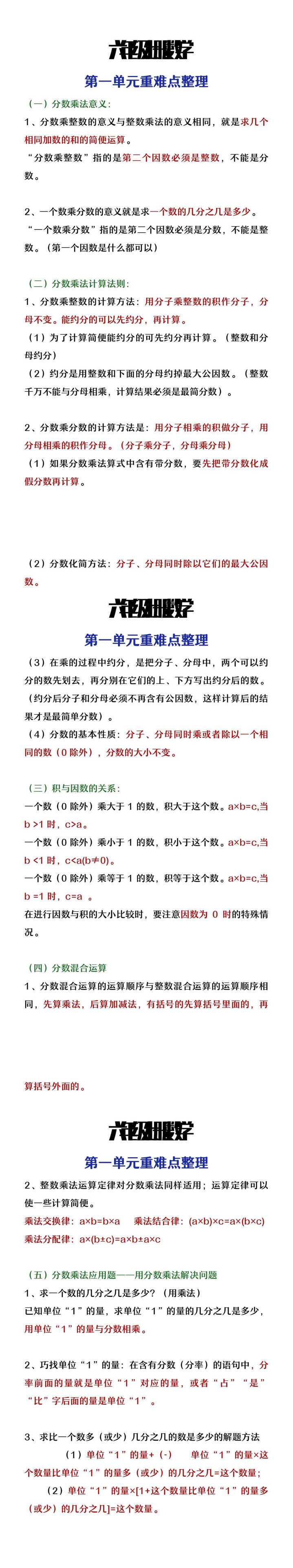 六年级上册数学第一单元重难点整理