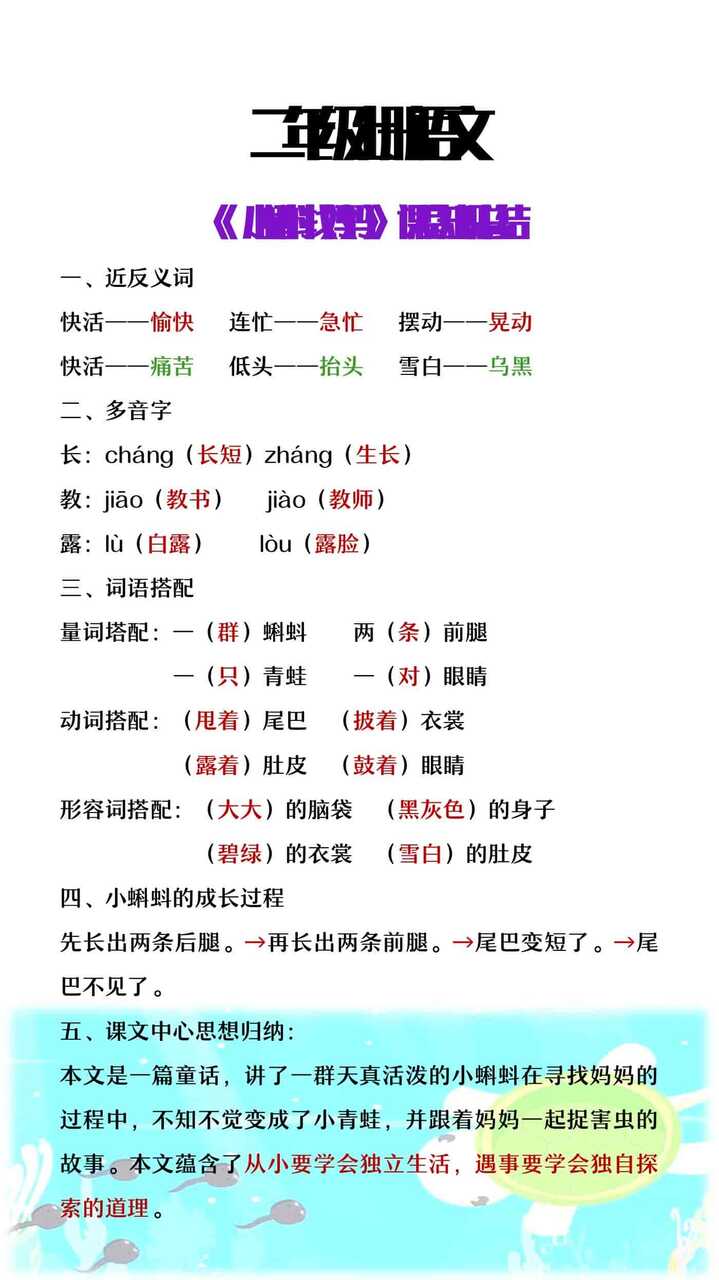 二年级上册语文第一课《小蝌蚪找妈妈》课堂知识总结