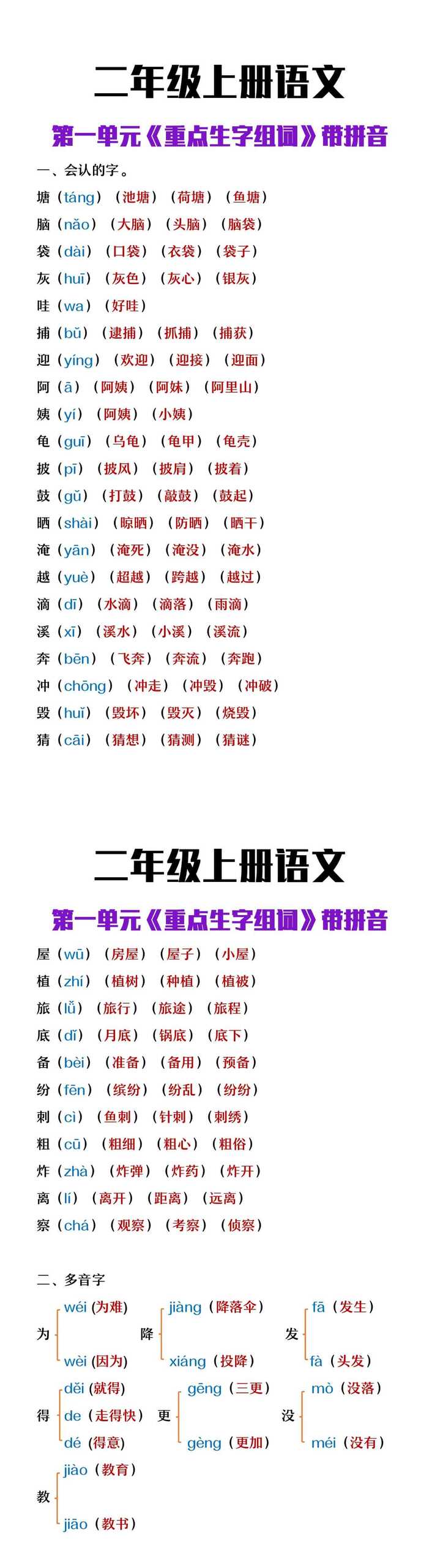 二年级上册语文第一单元重点生字组词含拼音