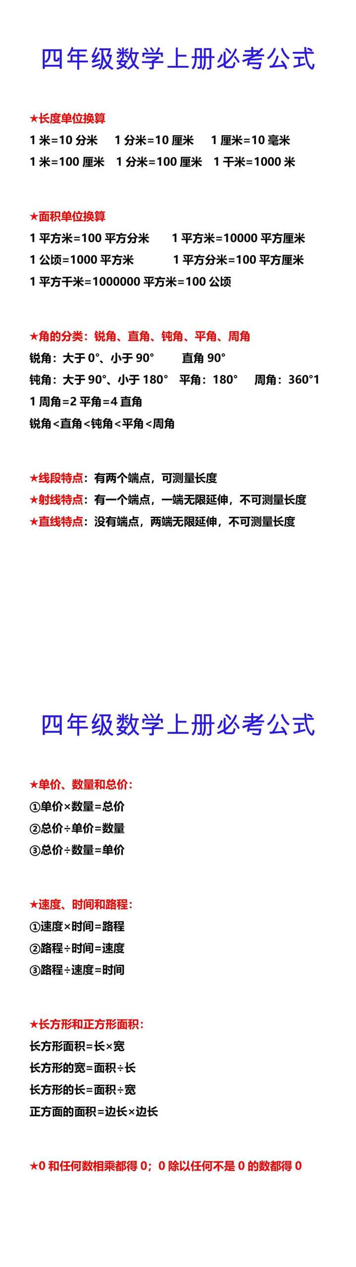 四年级数学上册必考公式