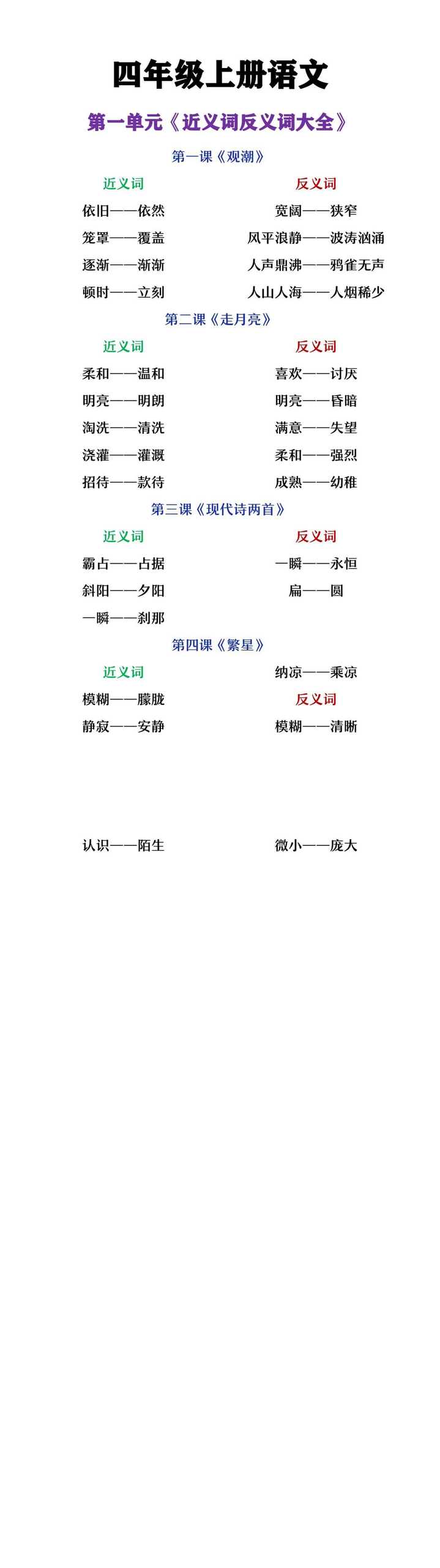 四年级上册语文第一单元近义词反义词大全