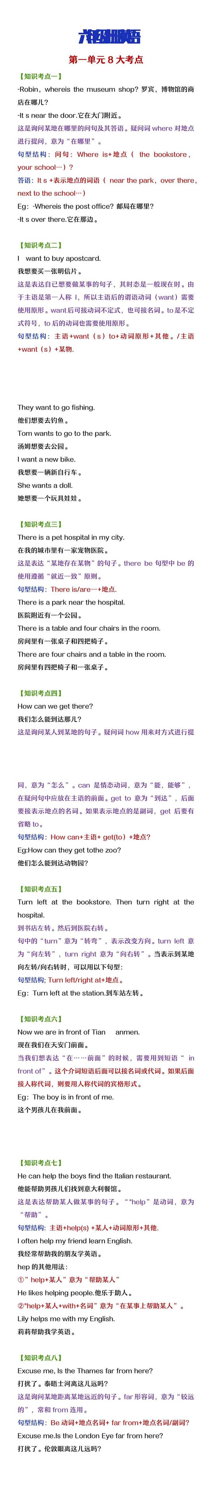 六年级上册英语第一单元八大考点汇总