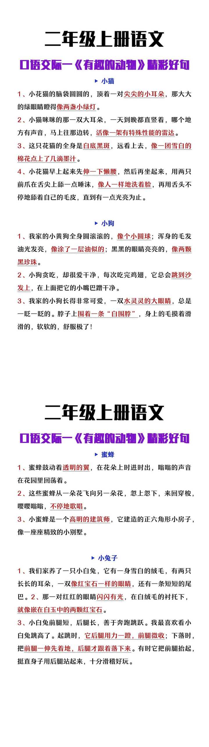 二年级上册语文口语交际一《有趣的动物》写话素材