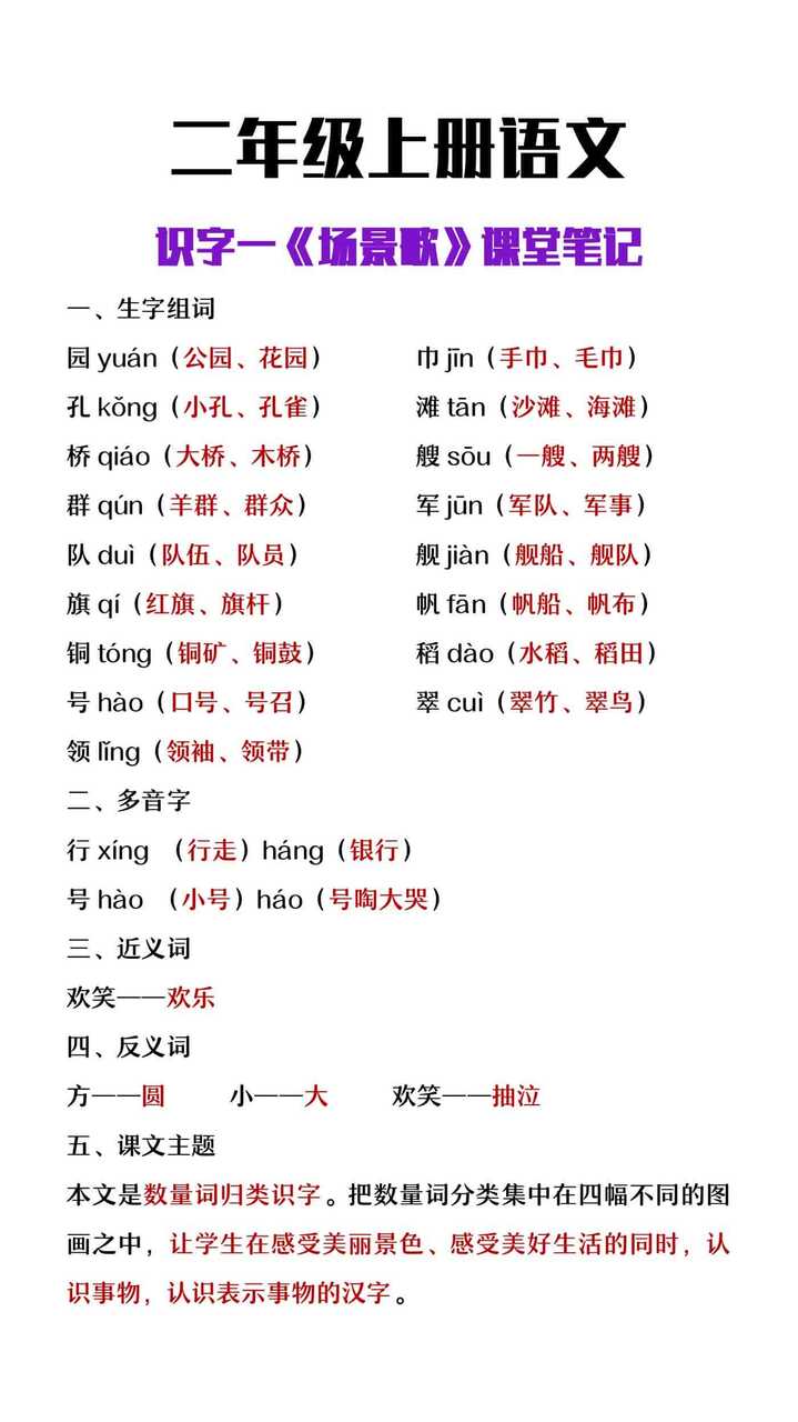 二年级上册语文识字一《场景歌》重点课堂笔记