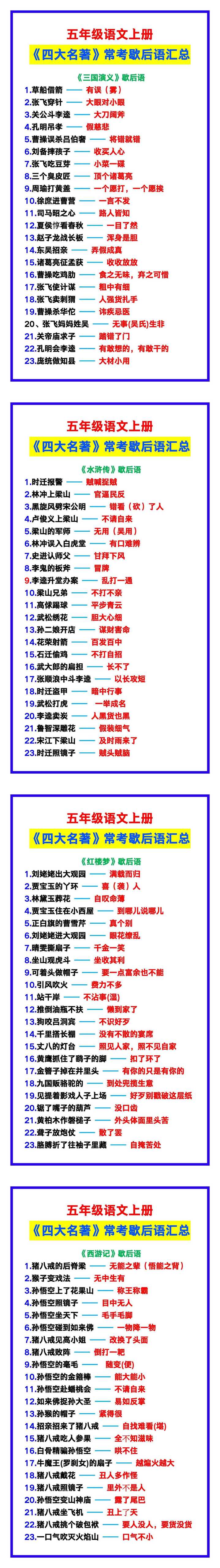 五年级语文上册《四大名著》常考歇后语汇总，收藏学习！