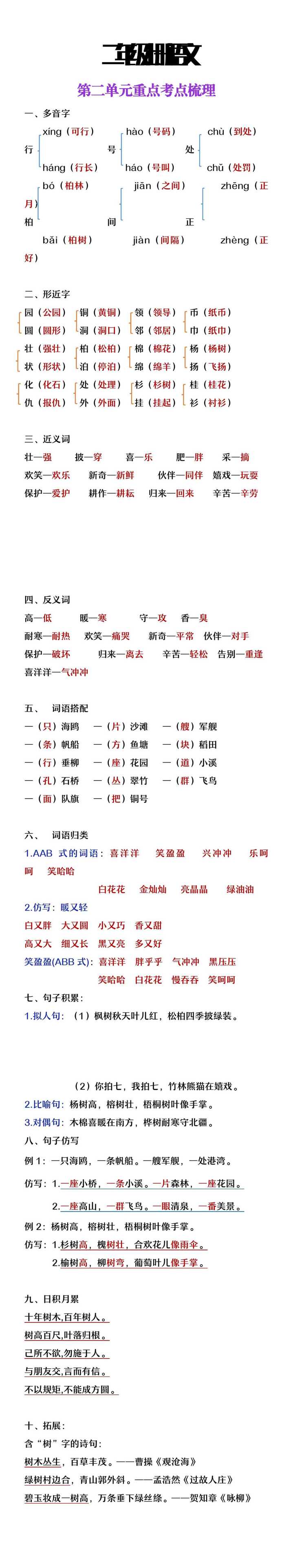 二年级上册语文第二单元重点考点梳理