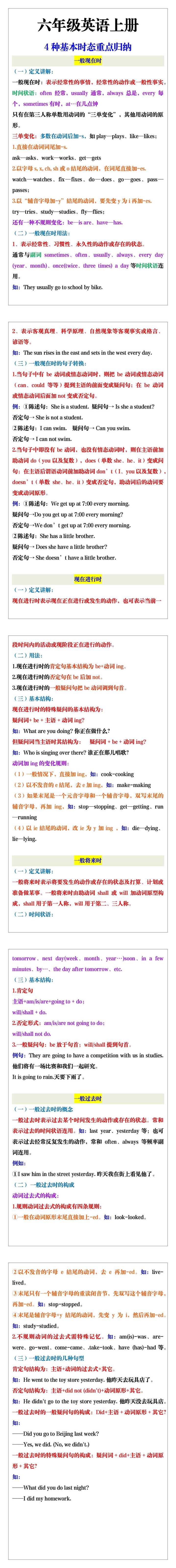 六年级英语上册4种基本时态重点归纳
