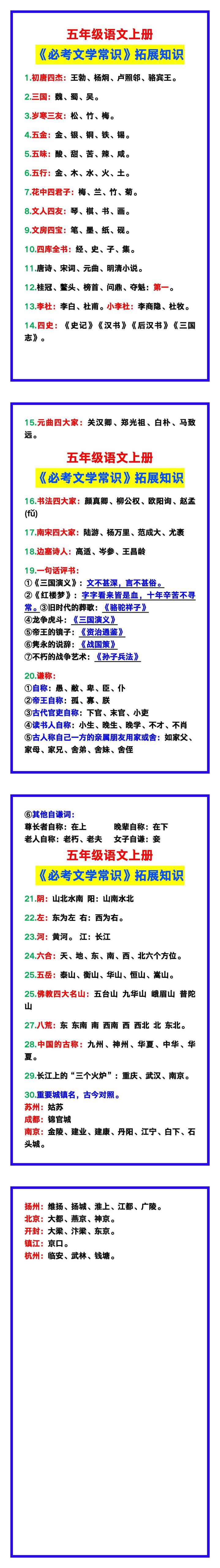 五年级语文上册《必考文学常识》，不收藏绝对可惜！