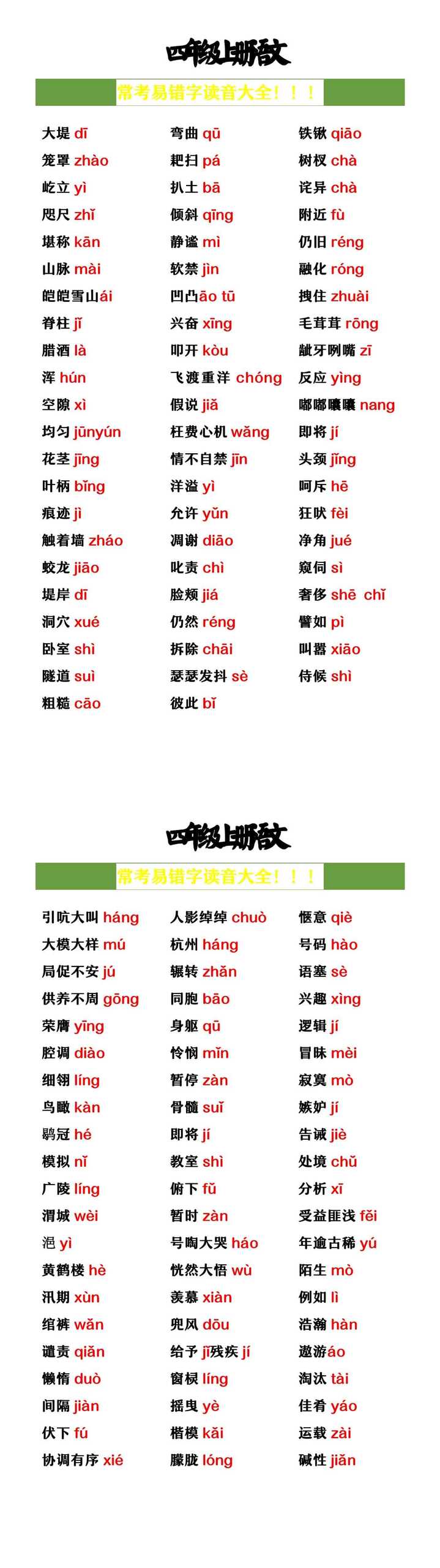 四年级上册语文 常考易错字读音大全