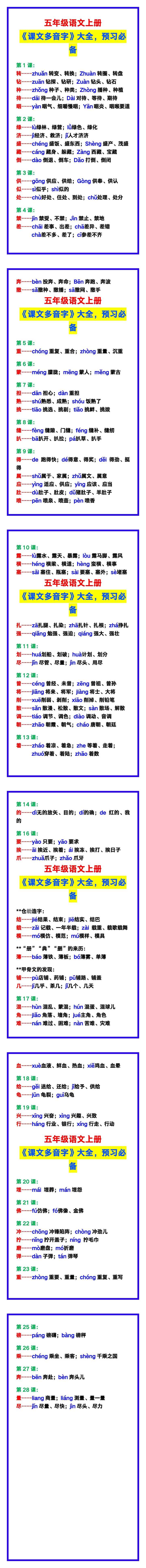 五年级语文上册《课文多音字》大全，预习必备！