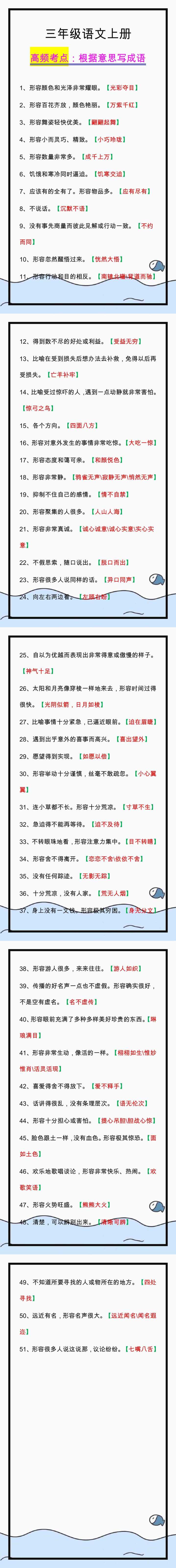 三年级语文上册根据意思写成语，高频考点！