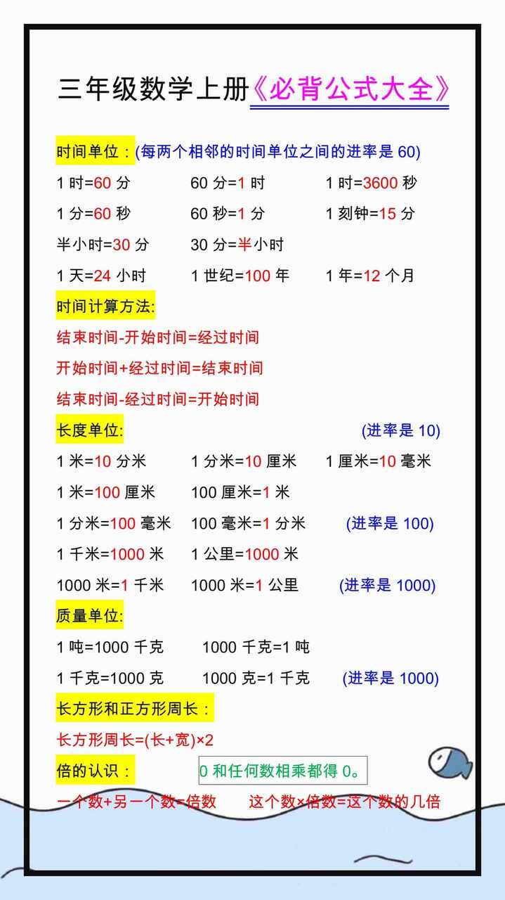 三年级数学上册必背公式大全