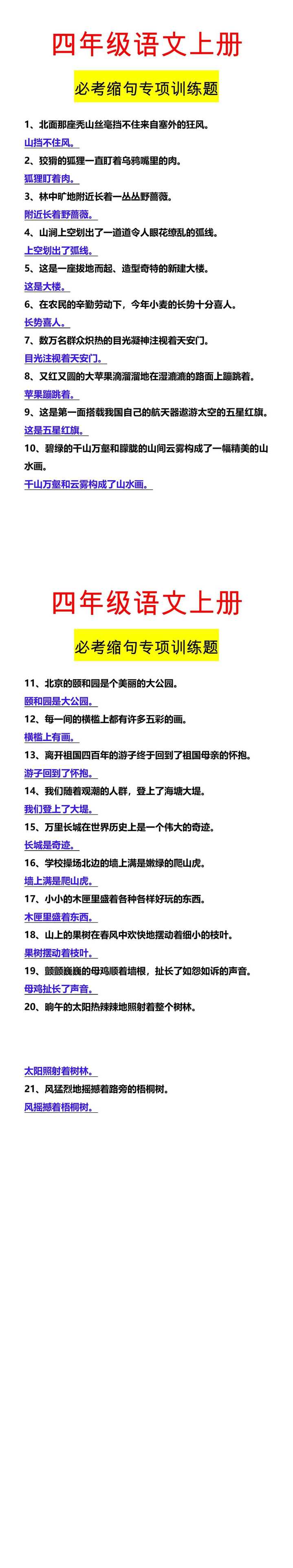四年级语文上册 必考缩句专项训练题