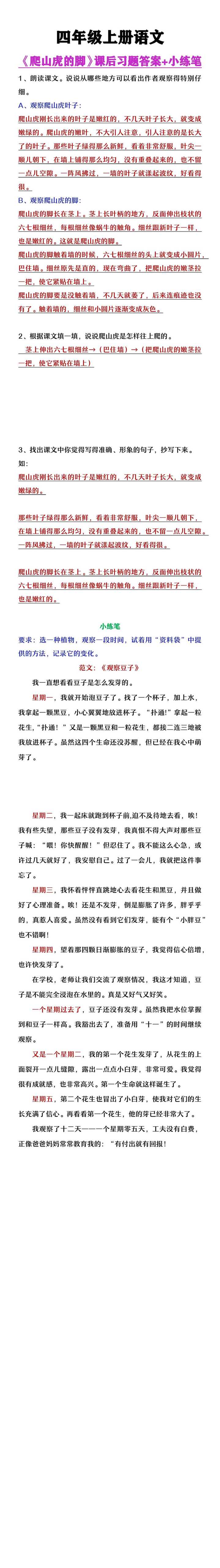 四年级上册语文《爬山虎的脚》课后练习答案+小练笔