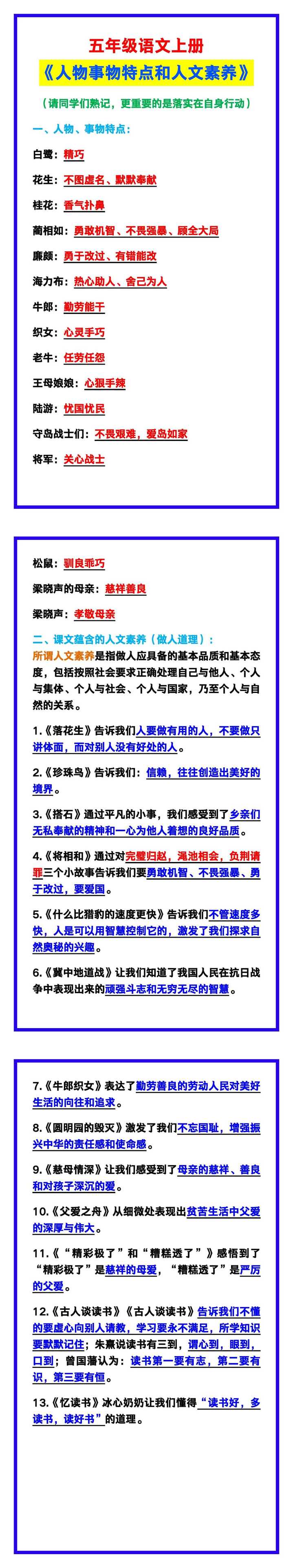 五年级语文上册《人物事物特点和人文素养》，基础学习必备！