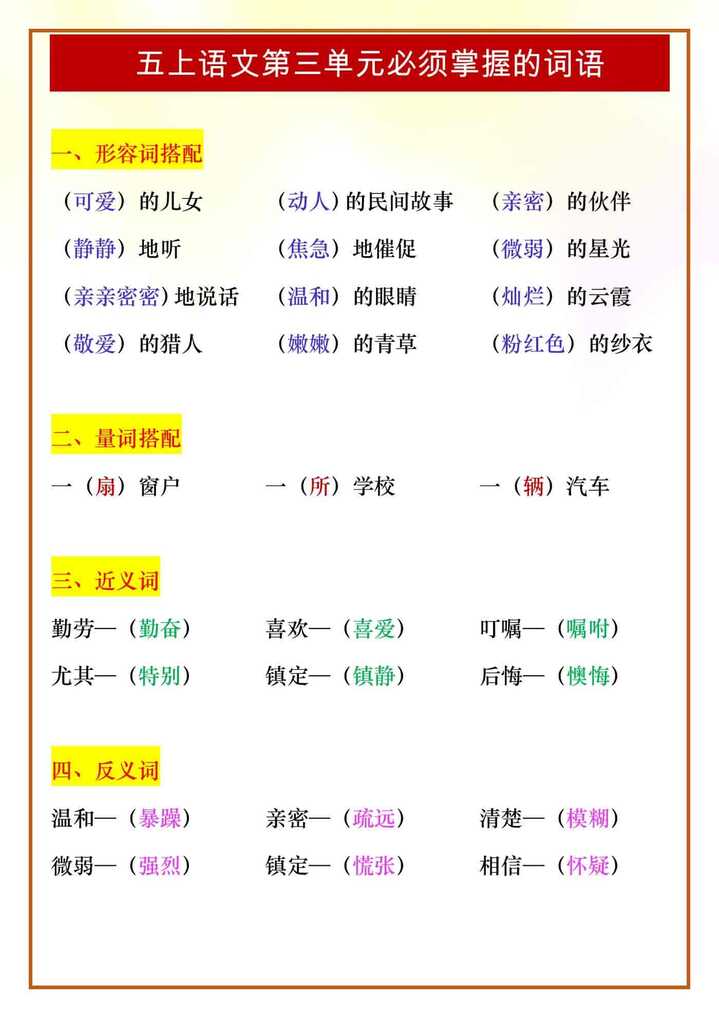 五年级上册语文第三单元必须掌握的词语