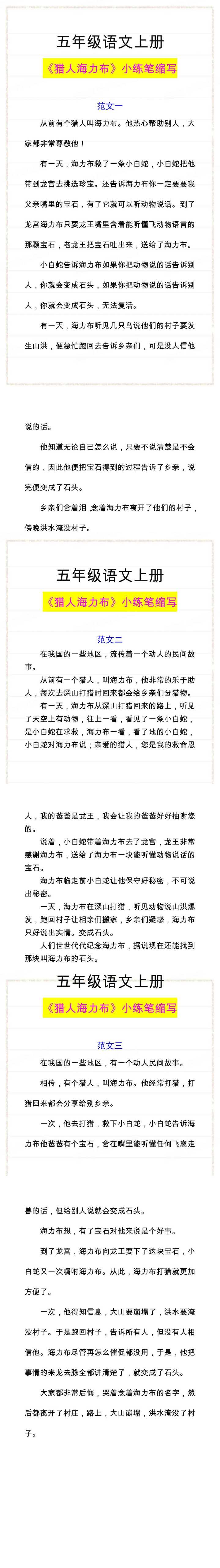 五年级《猎人海力布》小练笔缩写范文！