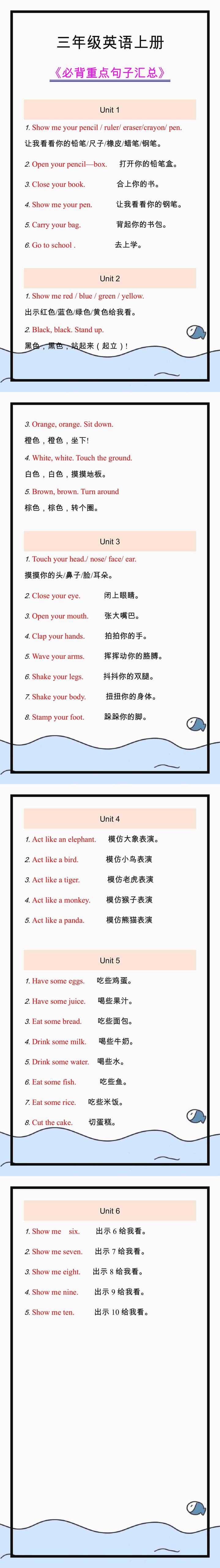 三年级英语上册必背重点句子汇总！