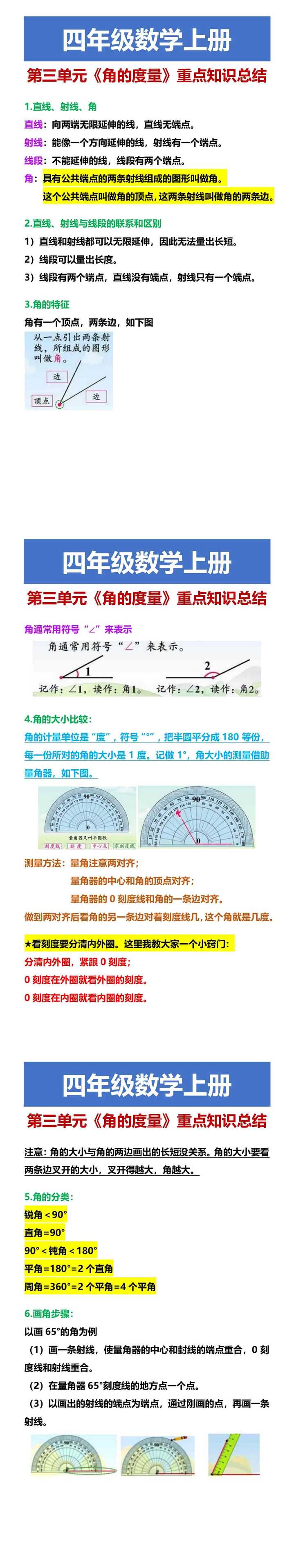 四年级数学上册 第三单元《角的度量》重点知识总结