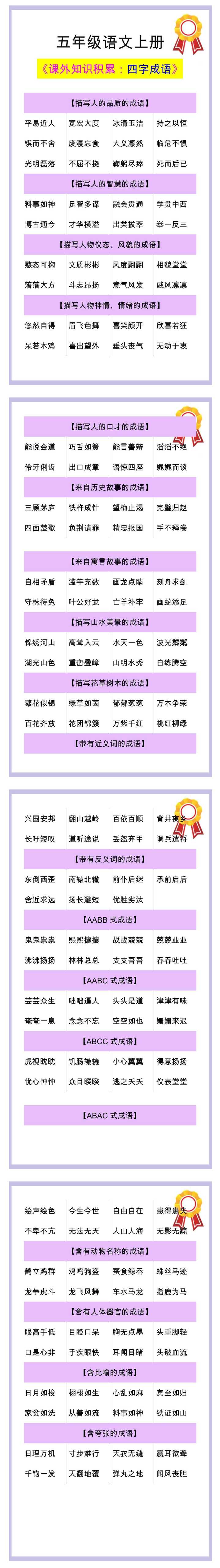 五年级必须掌握的四字成语汇总，课外知识积累！