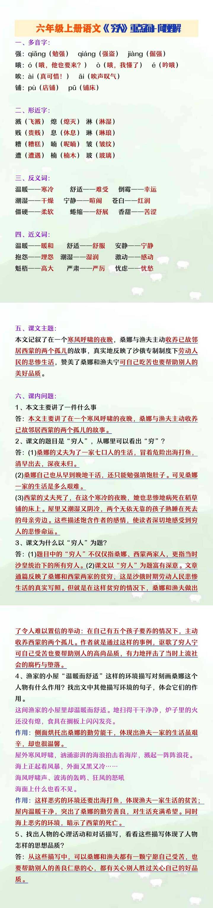 六年级上册语文《穷人》重点字词+问题解析