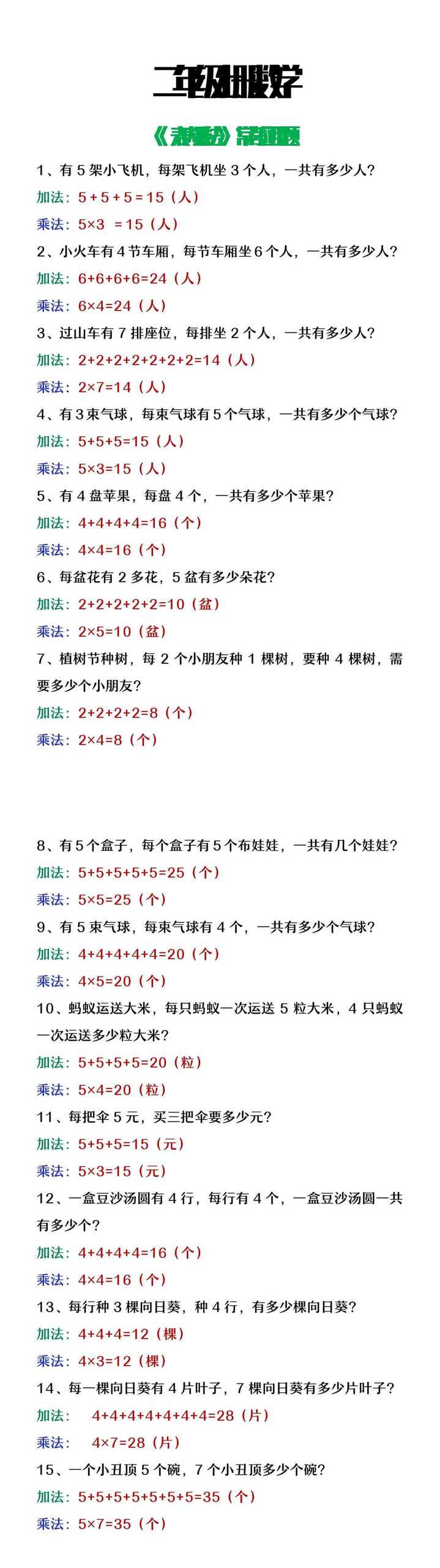 二年级上册数学《表内乘法》常考应用题大全
