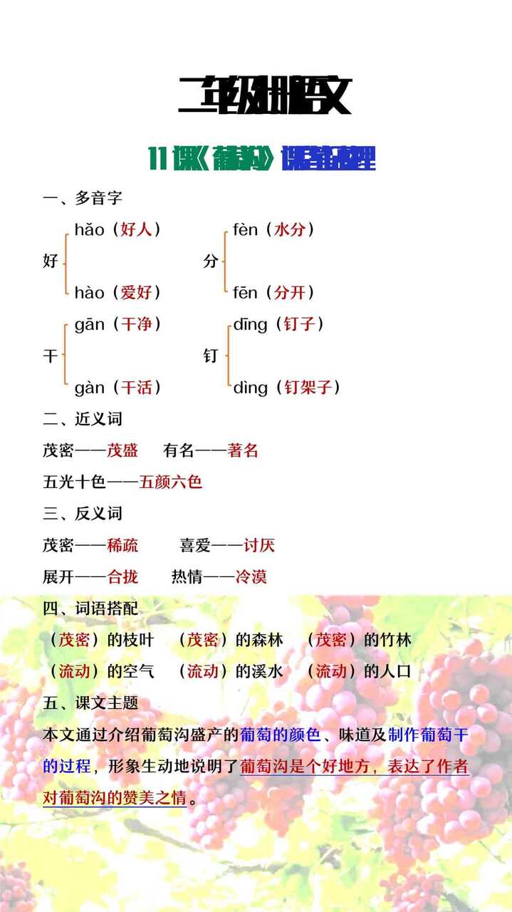 二年级上册语文11课《葡萄沟》课堂笔记整理