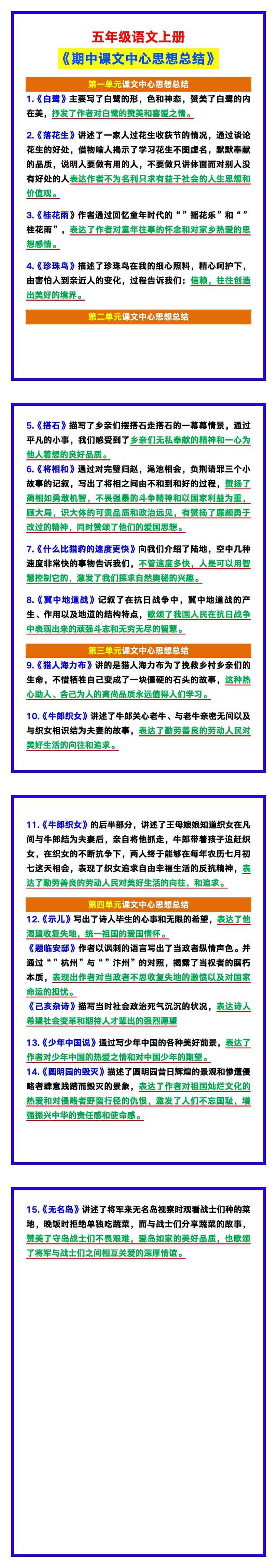 五年级语文上册《期中课文中心思想总结》，收藏复习！