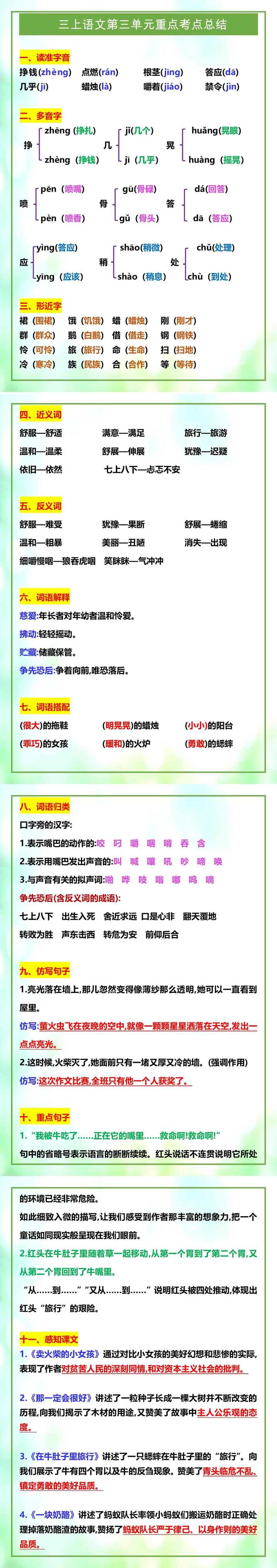 三年级上册语文第三单元11类考点总结