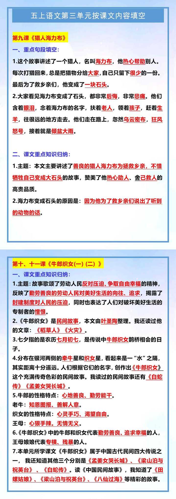 五年级上册语文第三单元按课文内容填空