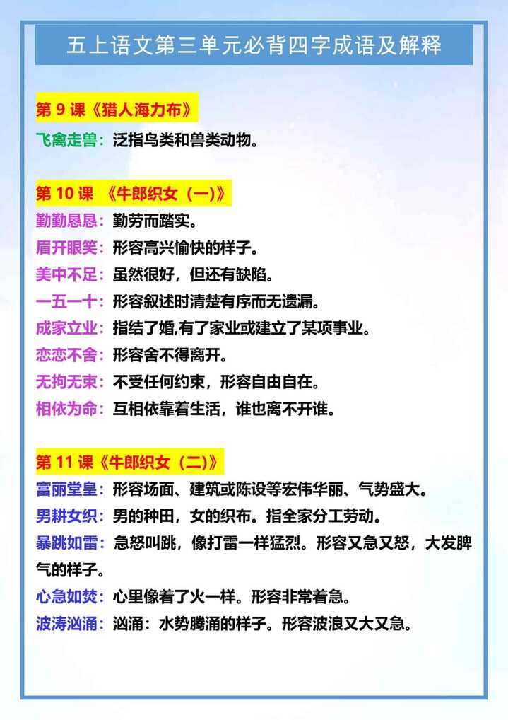 五年级上册语文第三单元必背四字成语及解释