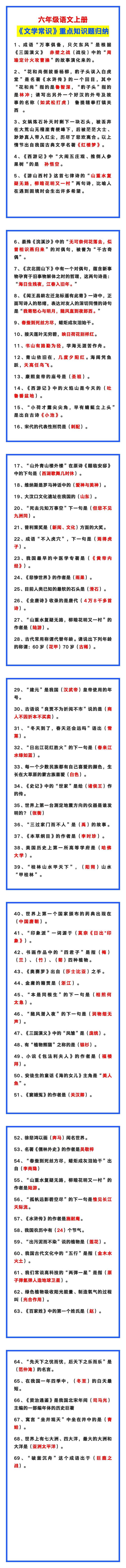 六年级语文上册《文学常识》重点知识题，很全很详细！