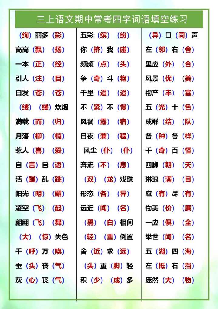 三年级上册语文期中常考四字词语汇总