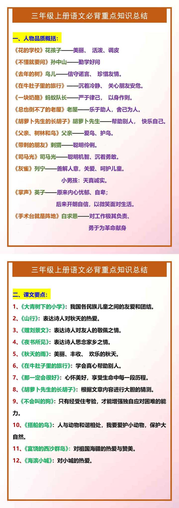 三年级上册语文必背重点知识总结