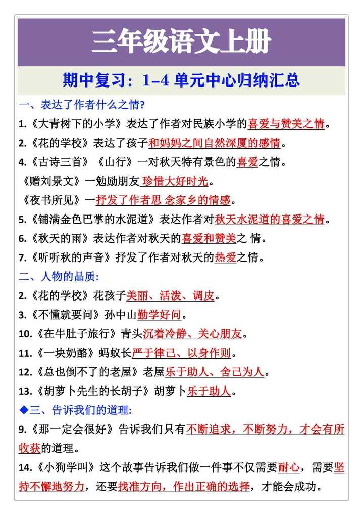 三年级语文上册期中复习：1-4单元中心归纳汇总