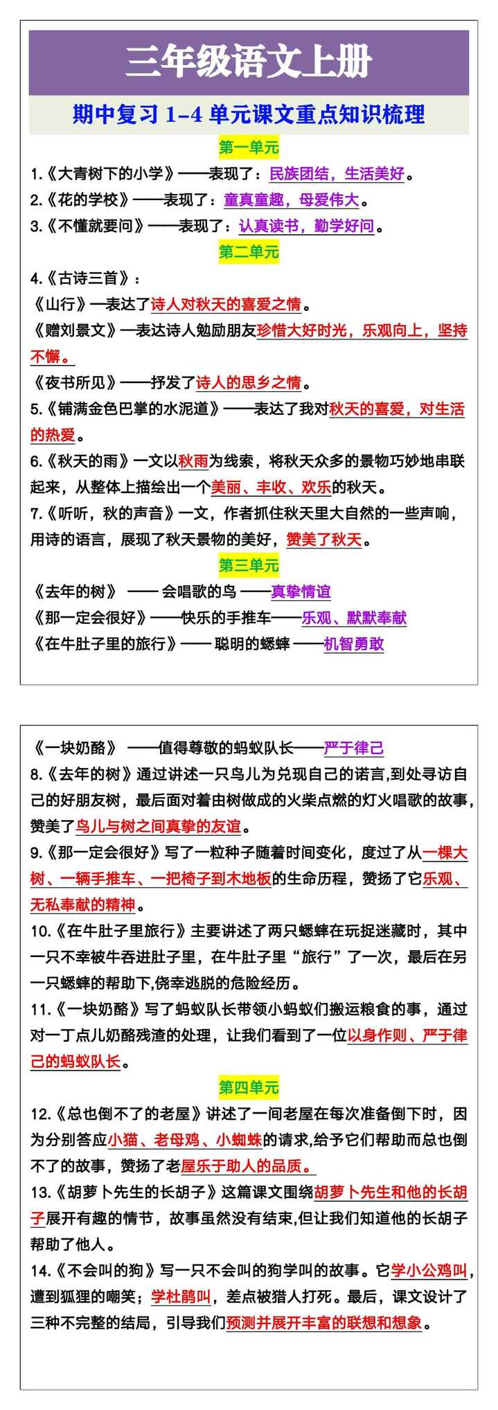 三年级语文上册期中复习课文重点知识梳理