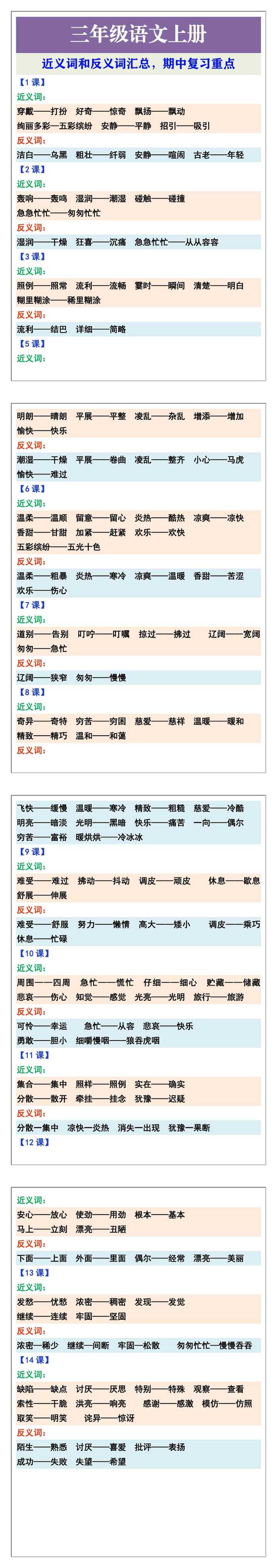三年级语文上册近义词和反义词汇总，期中复习重点