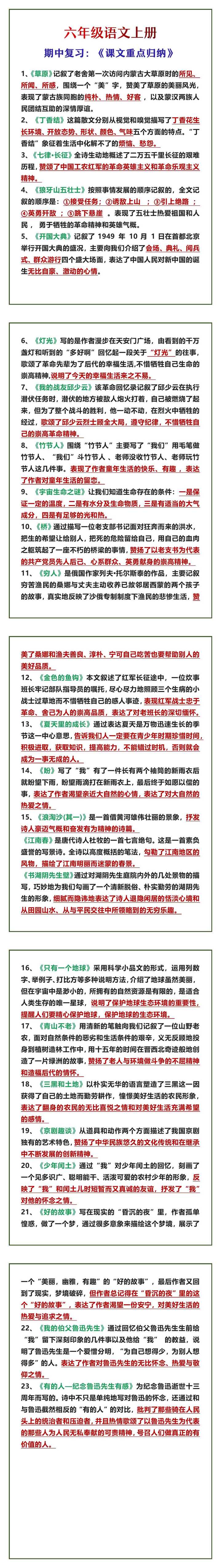 六年级语文上册 期中复习：《课文重点归纳》