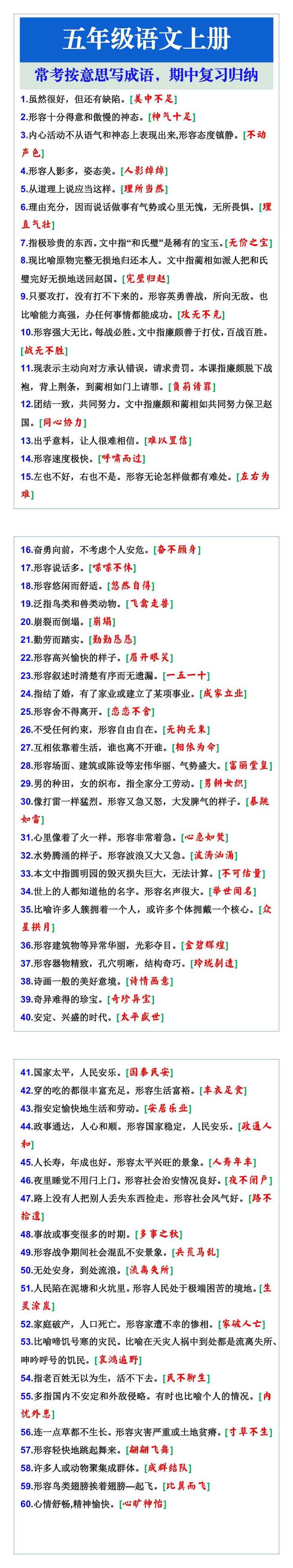 五年级语文上册常考按意思写成语，期中复习归纳
