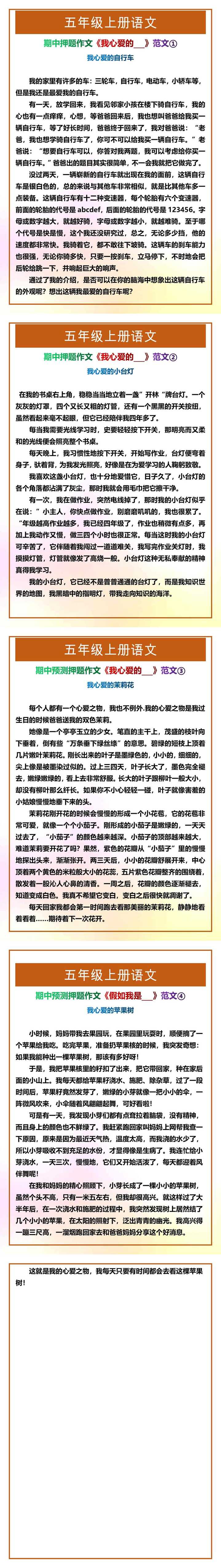 五年级上册语文期中押题作文《我心爱的___》范文4篇