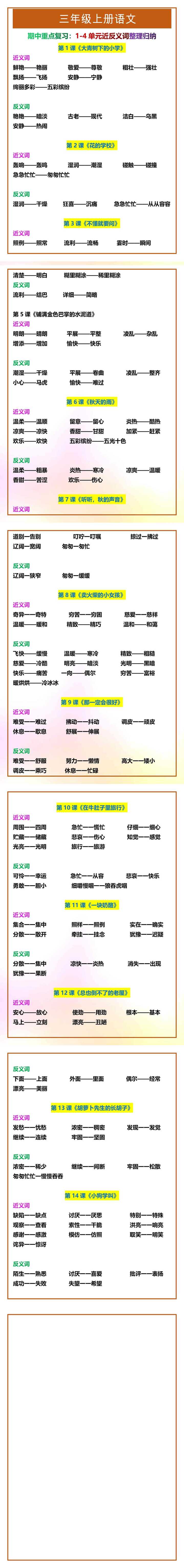 三年级上册语文1-4单元近反义词整理归纳
