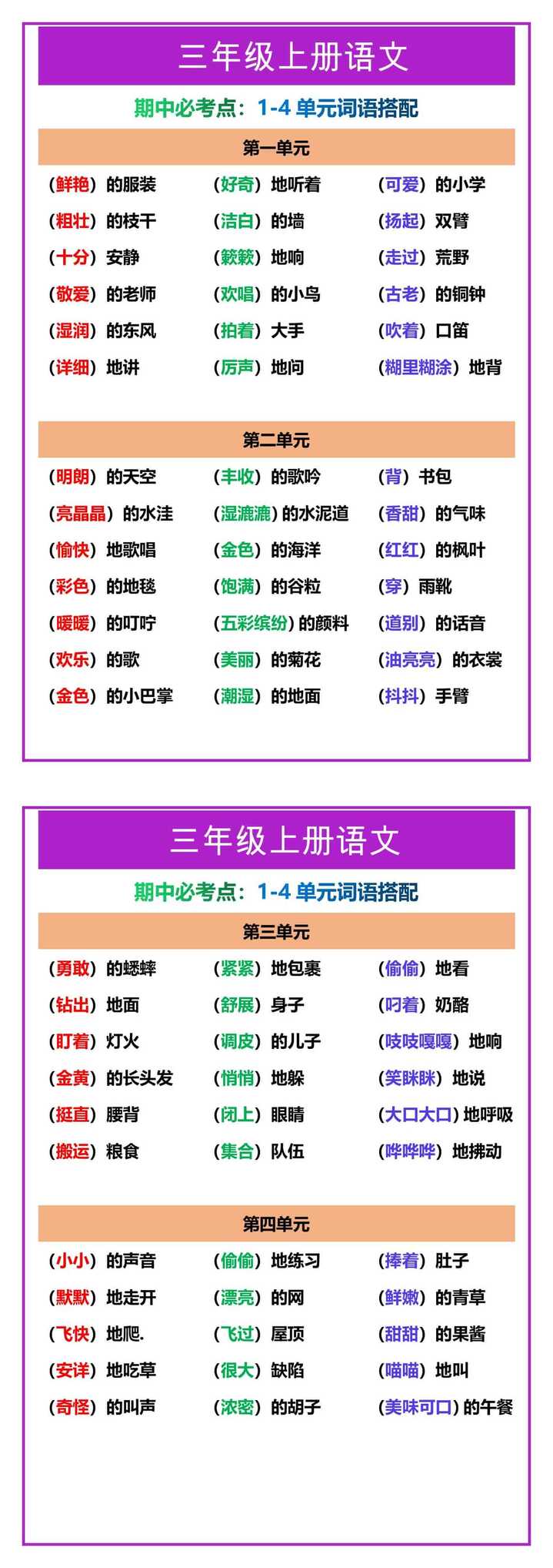 三年级上册语期中必考点：1-4单元词语搭配