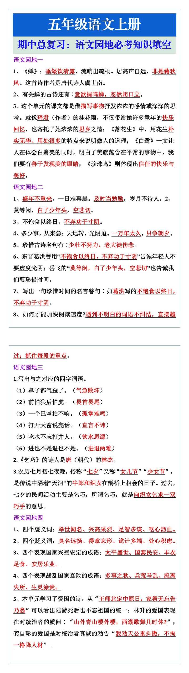 五年级语文上册期中复习，语文园地必考知识填空