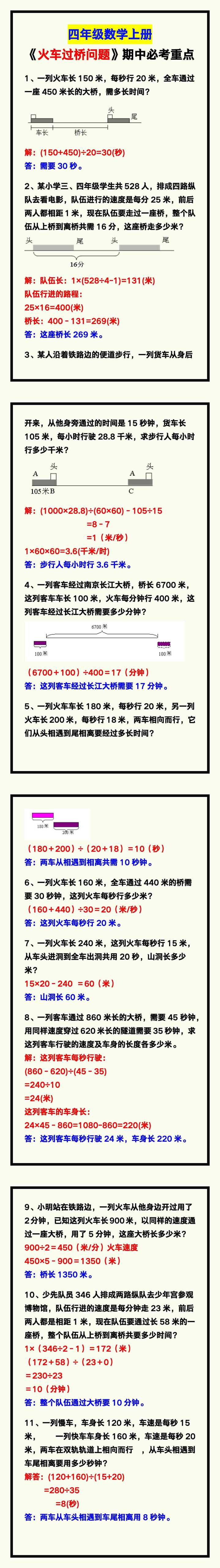 四年级数学上册《火车过桥问题》，期中必考重点题！