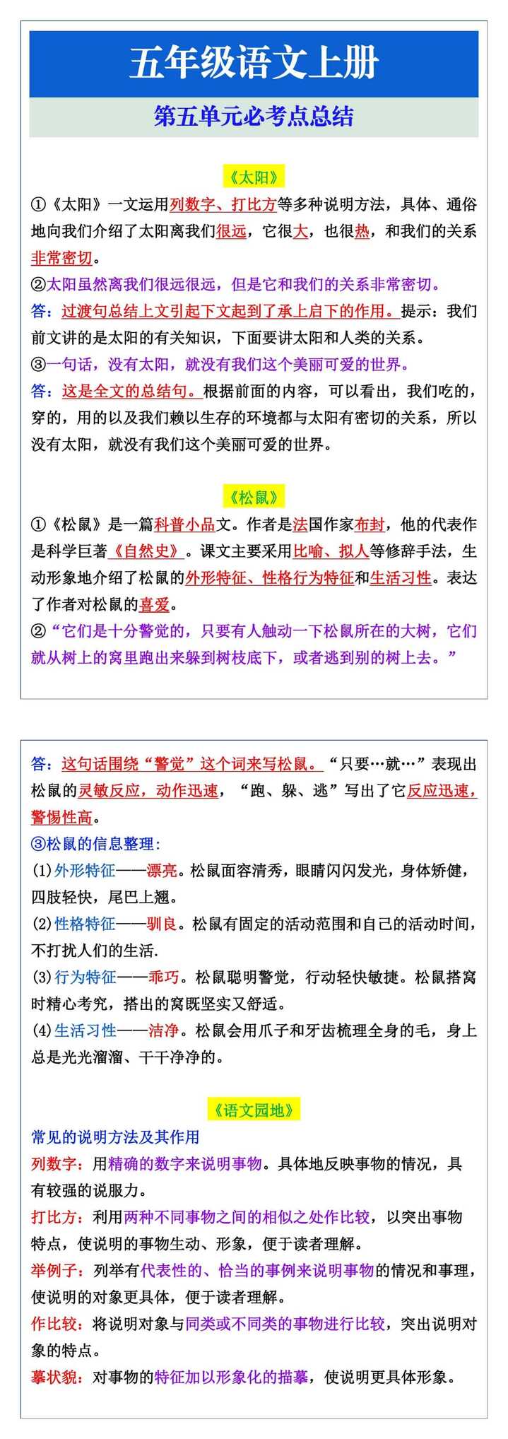 五年级语文上册第五单元必考点总结
