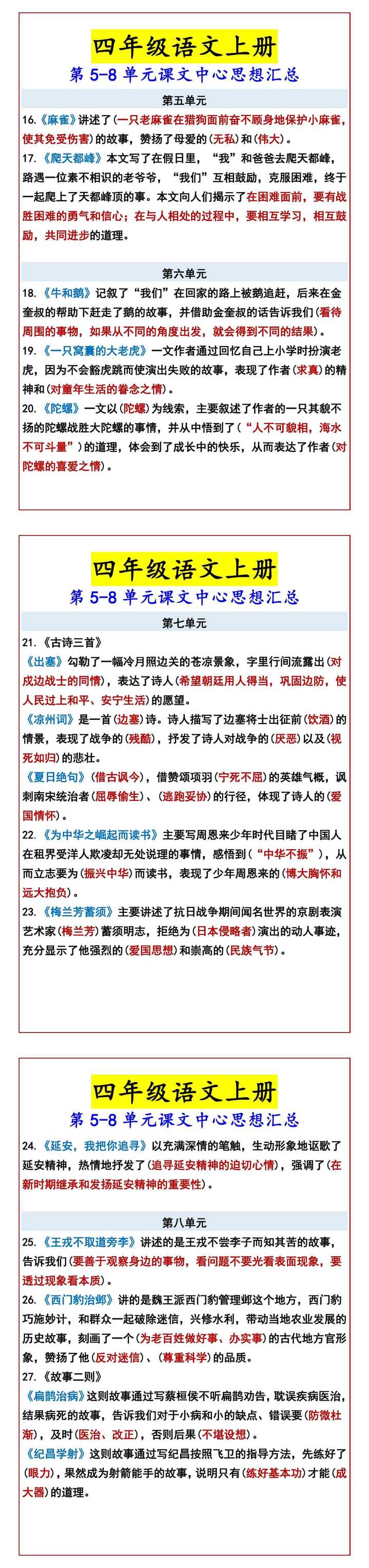 四年级语文上册 第5-8单元课文中心思想汇总