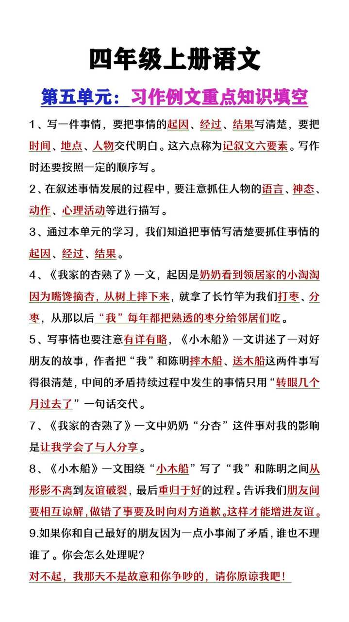 四年级上册语文习作例文重点知识填空题
