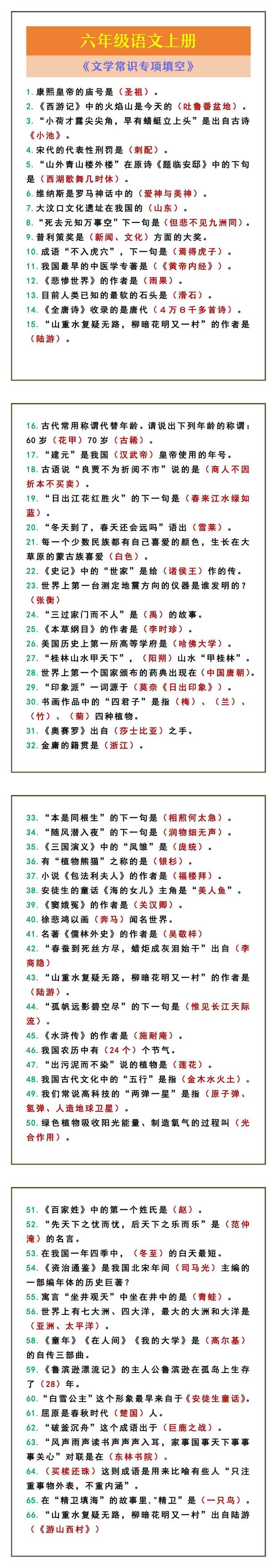 六年级语文上册 《文学常识专项填空》